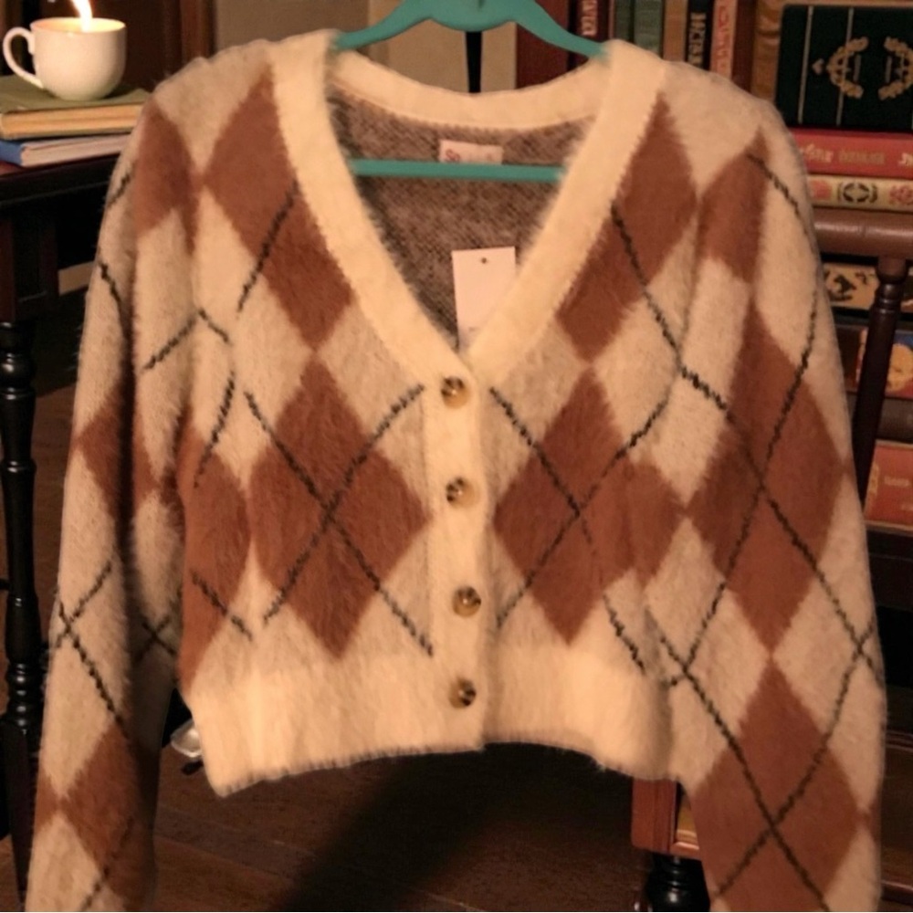 Vintage NWT SO Women's Argyle Angora Cropped Sweater XL